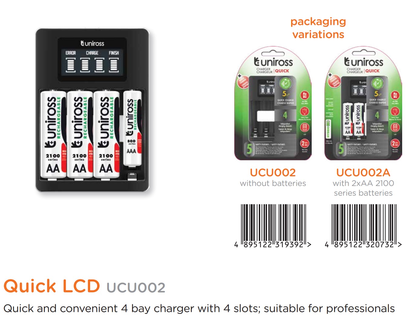شارژر یونیروس مدل  Quick LCD UCU002 همراه با ۴ عدد باتری قلمی شارژی Hybrio